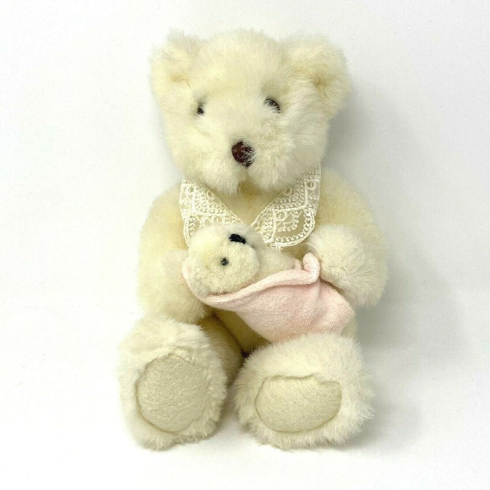 Russ Mumsie Bear Plush Stuffed Animal Mama holding Baby Cream Pink 11 inch